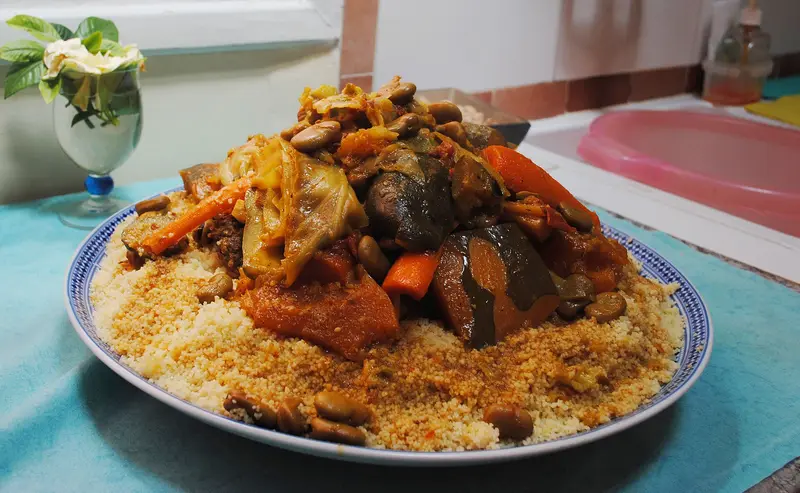 A plate of Moroccan couscous with vegetables